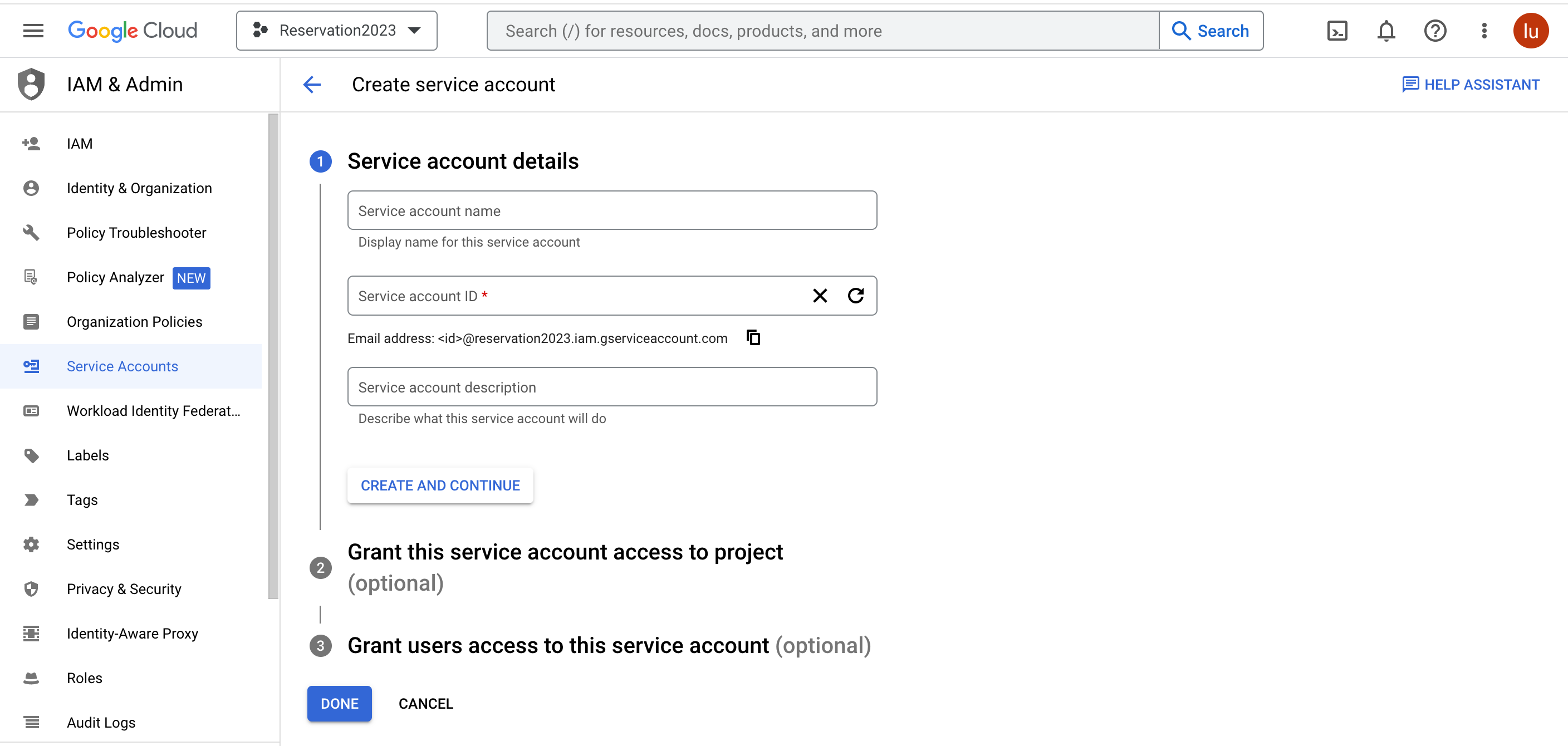 create service account